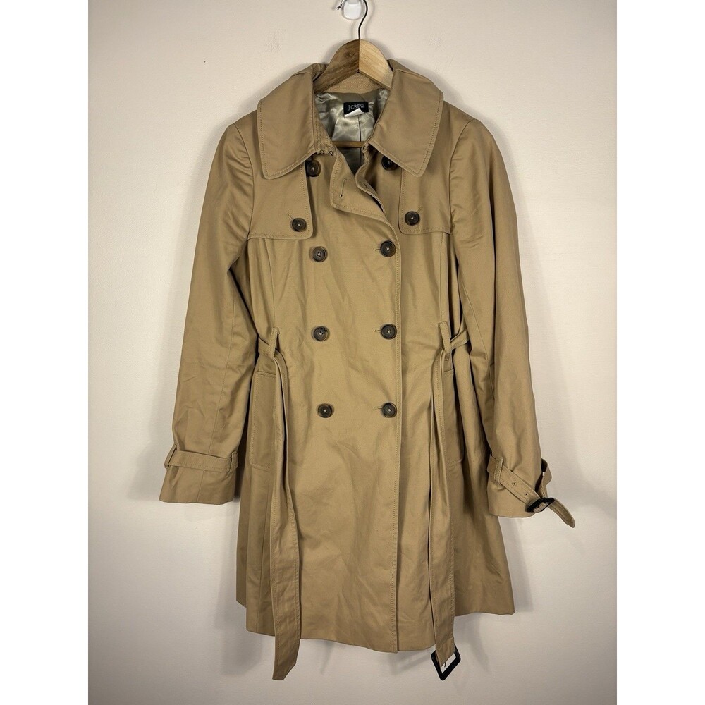 J. Crew Trench Coat Tan Khaki Double Breasted Belted Size 10 Classic Old Money